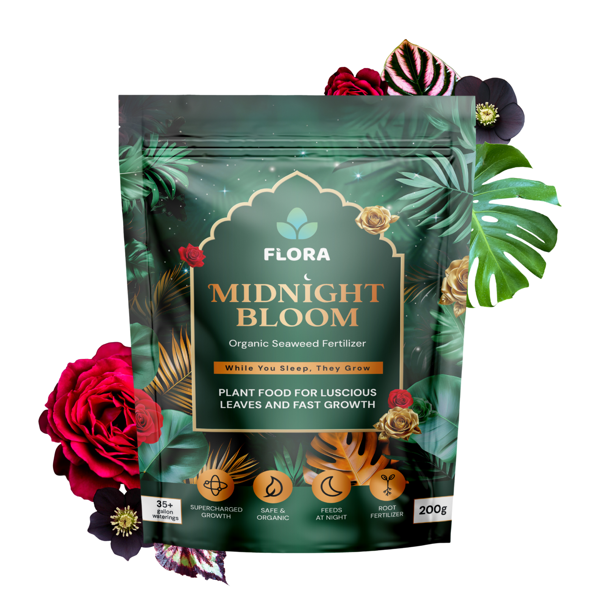 Flora Midnight Bloom organic seaweed fertilizer pouch surrounded by colorful flowers and tropical leaves.”